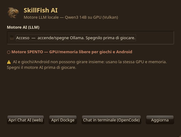 Pannello AI di SkillFishOS — motore LLM locale (Qwen3 14B) su GPU Vulkan, acceso/spento con un clic
