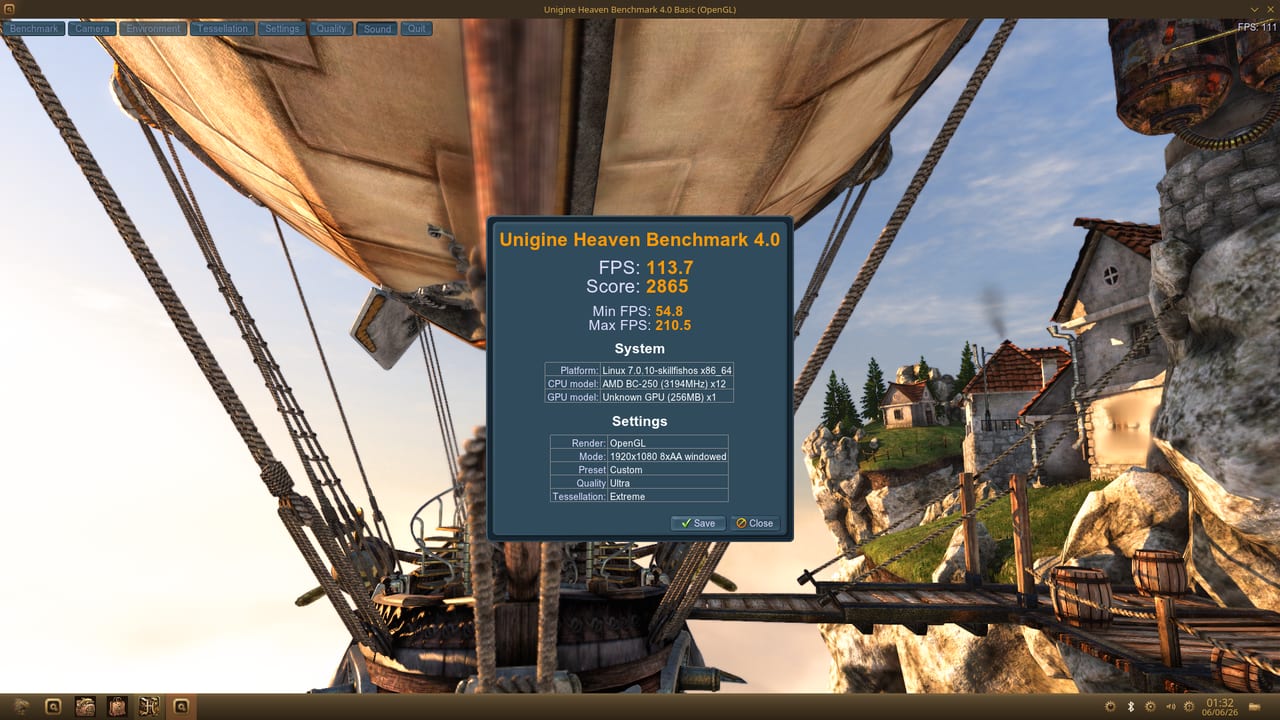 Unigine Heaven 4.0 — 113.7 FPS, punteggio 2865 sulla BC-250