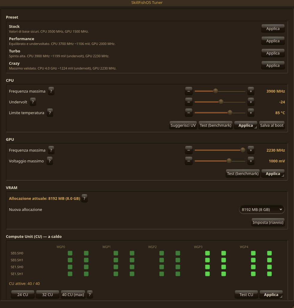 SkillFishOS Tuner — griglia delle Compute Unit a caldo, preset e Test CU